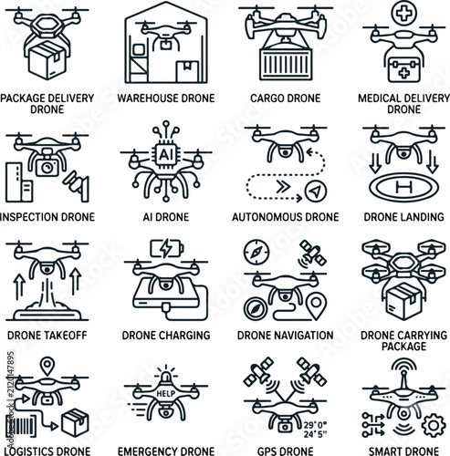 Delivery drone cargo drone warehouse inspection and navigation line icons set vector