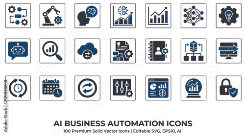 100 AI Business Automation Solid Editable Vector Icons Set – Workflow, RPA, Machine Learning, Chatbot, CRM, ERP, Cloud Computing, SaaS, Digital Transformation SVG EPS10 AI