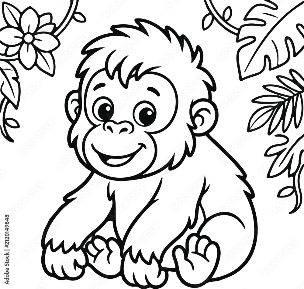 Obraz premium Cute baby orangutan sitting in the jungle with flowers and leaves, line art illustration for coloring book