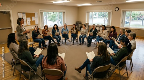 Diverse Group of Women Participating in a Collaborative Learning Session, Seated in a Circle for Discussion and Study in an Indoor Community Setting