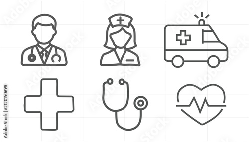 Medical healthcare outline icon set with hospital, doctor, ambulance and first aid thin line vector collection