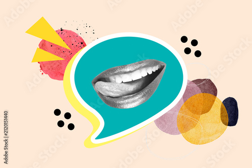 фотографія Collage de un boca abierta con la lengua afuera sobre un burbuja de chat junto a elementos geometricos sobre un fondo beige