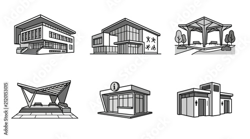 Modern Public Building Icons Vector Illustration Set