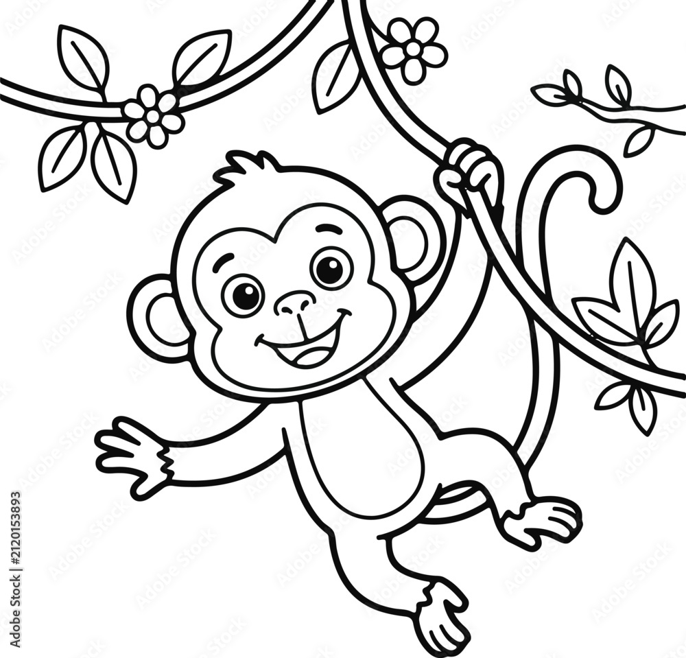 Fototapeta premium Cute cartoon monkey hanging on a vine