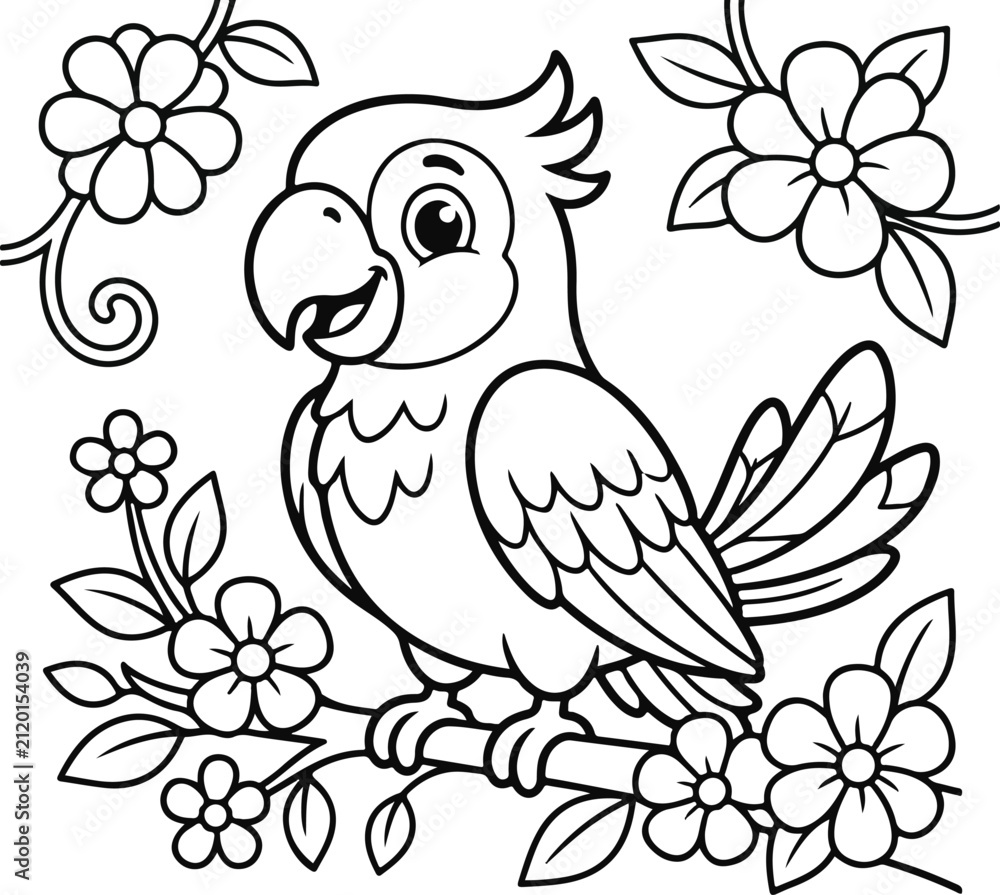 Fototapeta premium Cute cartoon parrot sitting on a flowering branch, coloring page for kids