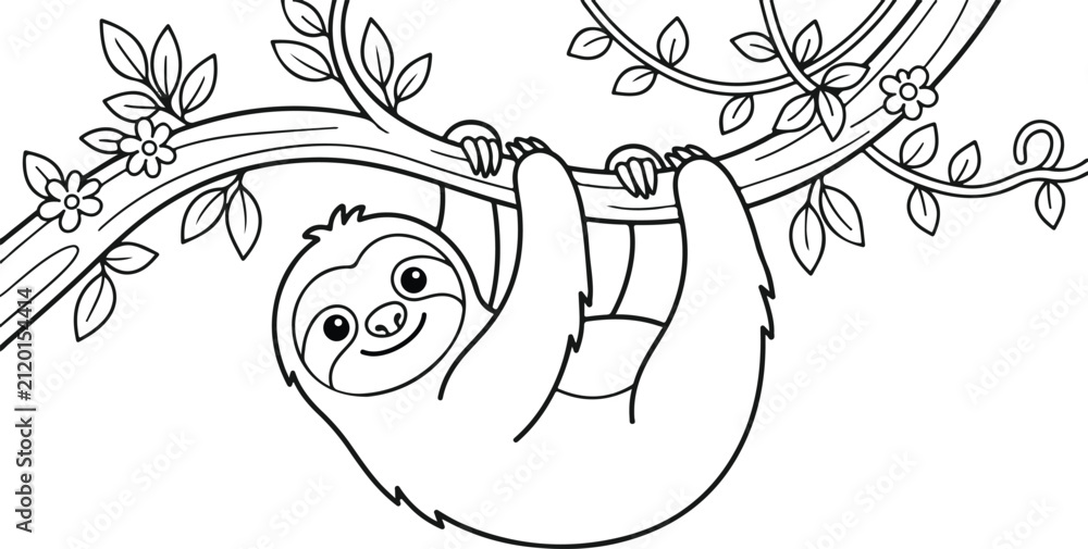 Fototapeta premium Cute sloth hanging on a flowering tree branch, line art illustration for coloring book