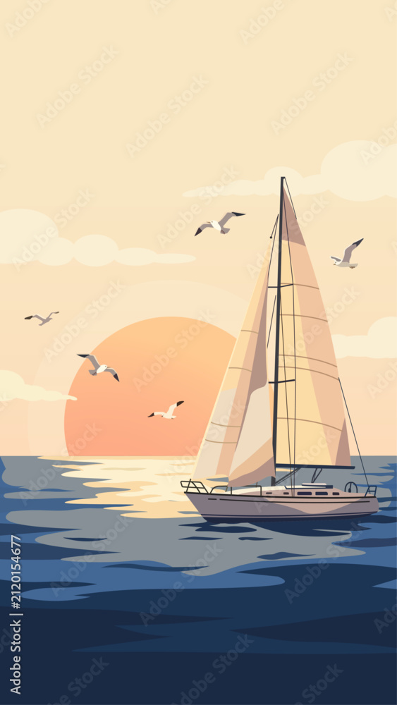 Fototapeta premium Sailing boat in the ocean at sunset flat vector illustration. Yacht traveling on sea waves with seagulls and big sun on background.