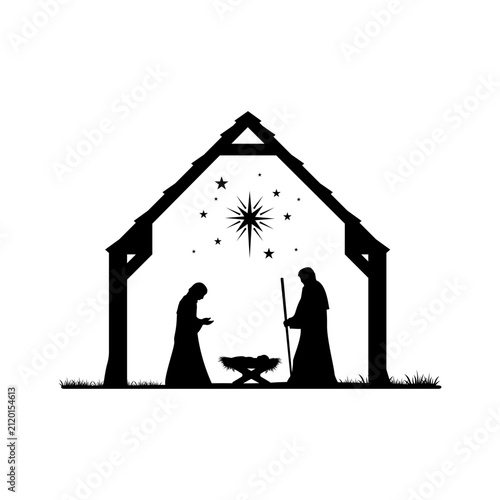 Christmas nativity scene black silhouette vector illustra.
