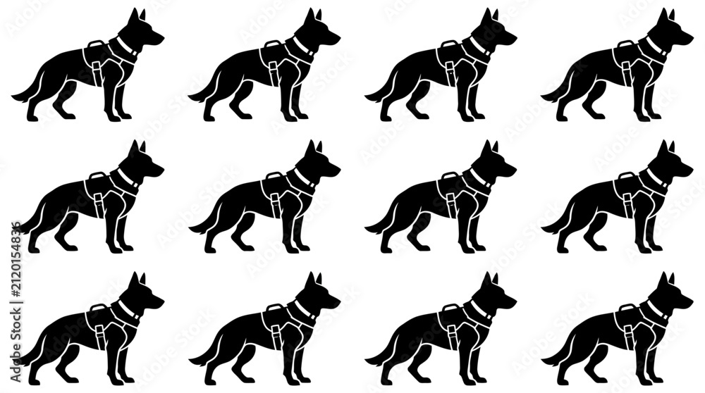 Obraz premium Working German Shepherd dog silhouette icons in various poses.