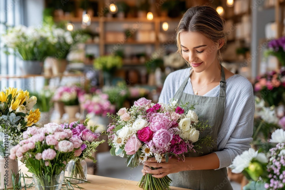 Fototapeta premium Flower shop employee arranges beautiful bouquet in a vibrant floral store during afternoon
