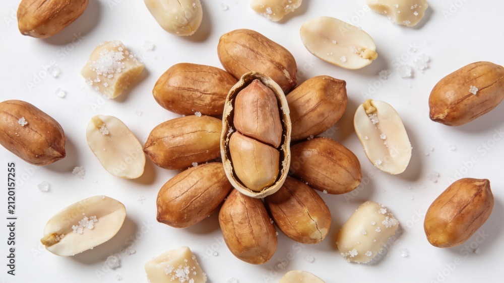 Obraz premium Close-up of whole and split natural almonds on white background for food photography
