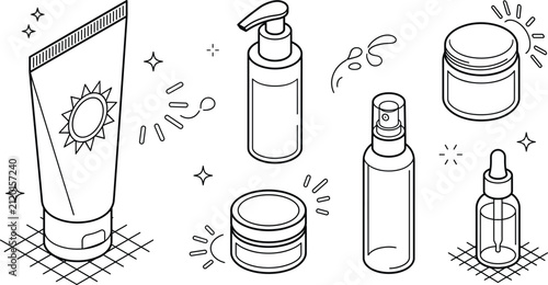 Cosmetic skincare products line icons set featuring sunscreen tube lotion pump spray bottle jar cream serum dropper bottle