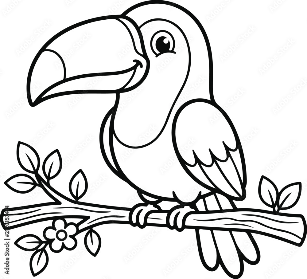 Obraz premium Cartoon toucan bird perched on a tree branch with flowers