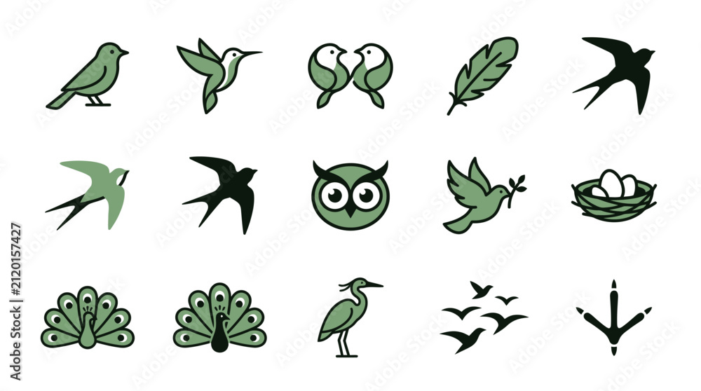 Fototapeta premium Green bird symbols including peacock and heron graphics.
