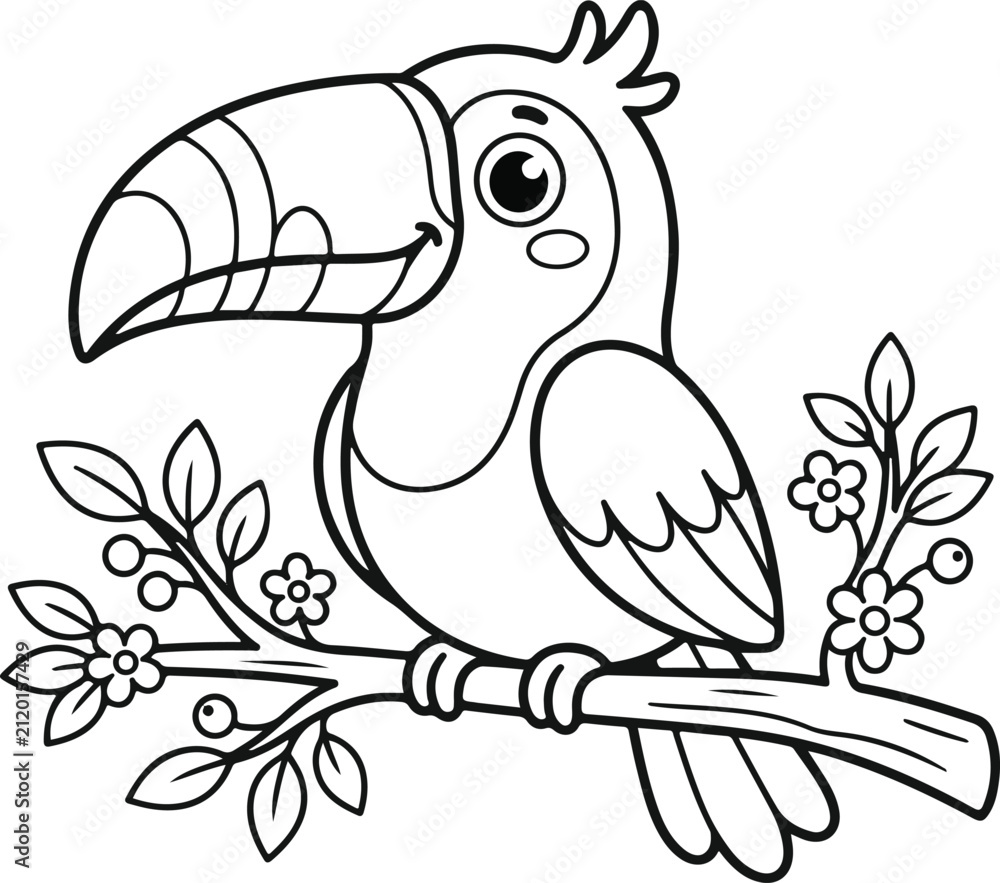 Obraz premium Cute toucan bird sitting on a branch with flowers and berries
