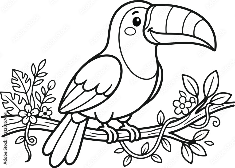 Obraz premium Cute toucan bird on a flowered branch with jungle leaves