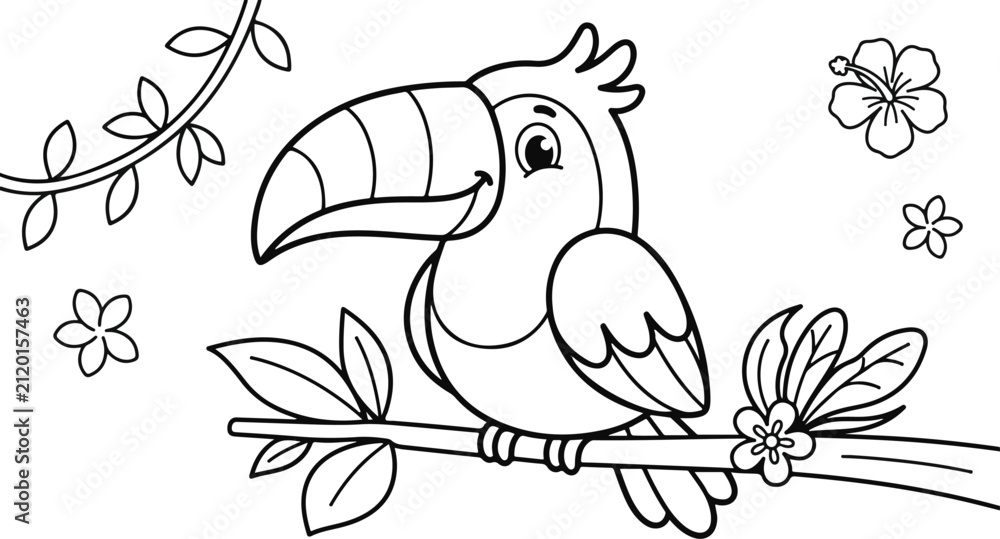 Obraz premium Cute toucan bird sitting on a branch with tropical flowers and vines
