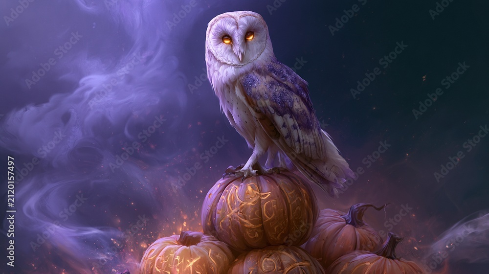 Obraz premium Barn owl with piercing amber eyes perched atop stacked carved pumpkins mystical symbols etched into gourd surfaces purple fog festive fall