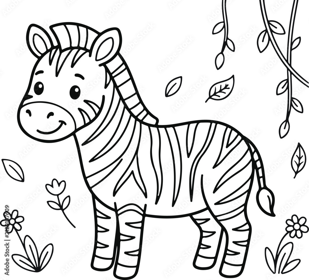 Obraz premium Cute cartoon zebra in a jungle setting with leaves and flowers, coloring page for kids