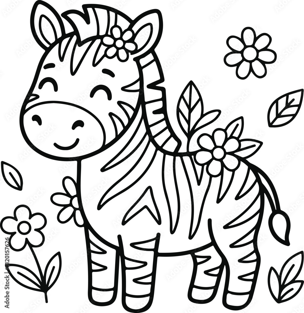 Obraz premium Cute cartoon zebra with flowers and leaves, coloring page for kids