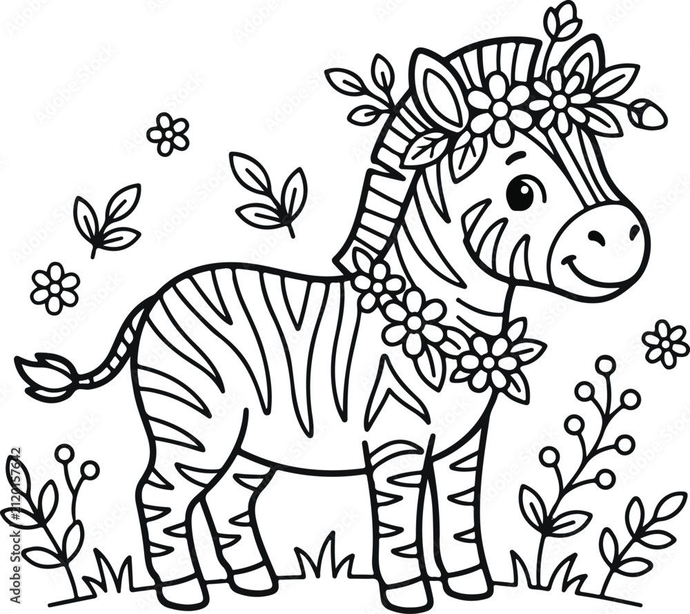 Obraz premium Cute cartoon zebra with a flower crown and floral collar, coloring page for kids