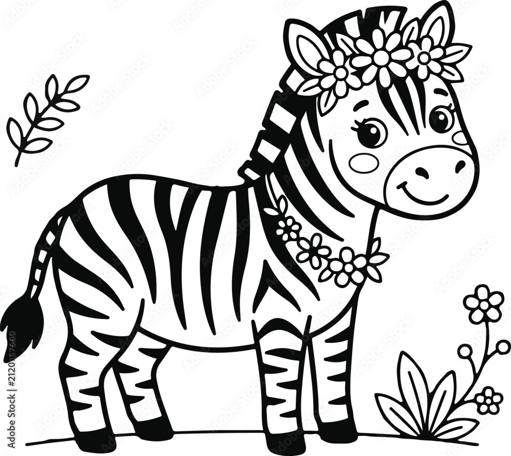 Obraz premium Cute cartoon zebra with a flower crown, black and white vector illustration for coloring book page