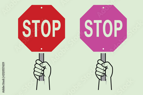 Two hands holding red and pink octagonal stop signs
