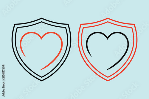 Two shield with heart symbols in black and red outlines