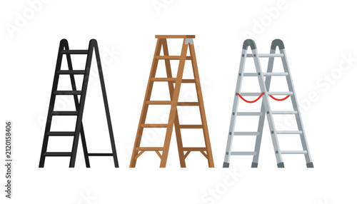 Three different models of step-ladders including a black metal, a wooden, and a silver aluminum folding ladder.
