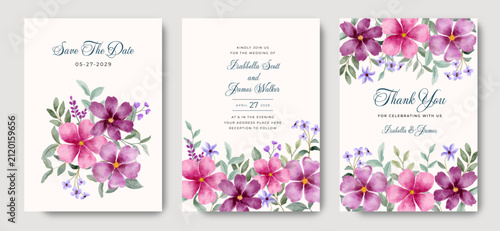 wedding invitation set with purple floral watercolor