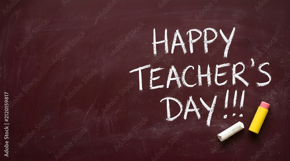 Fototapeta premium Happy teacher's day message written in white chalk on a dark brown textured school blackboard background