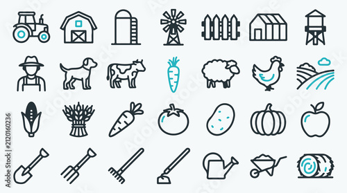 Bild auf Leinwand Agriculture and Farming Line Icon Set