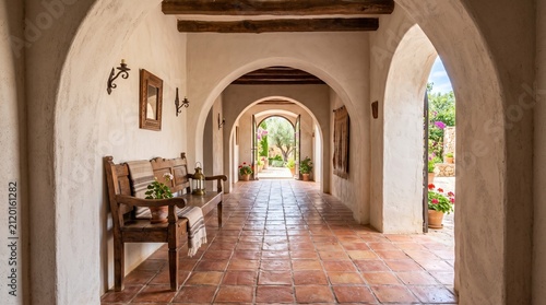 A serene view through a sunlit Mediterranean villa corridor featuring arched white plaster walls rustic wooden ceiling beams terracotta tile floors and a charming bench in a tranquil courtyard home