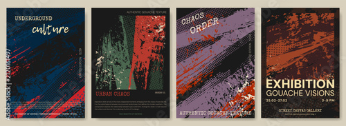 Set of vertical artistic posters with gouache brush strokes, halftone textures, grain, and distressed effects. Professional layouts for events, exhibitions, web banners, covers, and urban decor. 