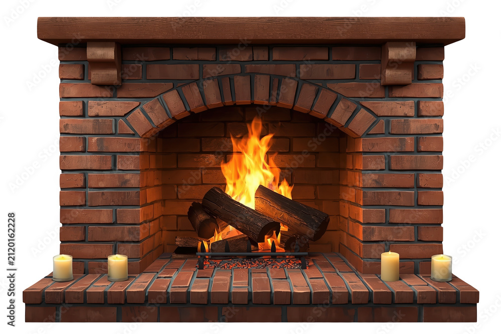 Obraz premium Rustic brick fireplace with firewood and candles