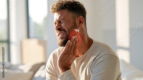 Man waking up with jaw muscle pain caused by bruxism, holding his jaw at home in the morning, illustrating teeth grinding, TMJ discomfort, sleep disorder and dental health concerns