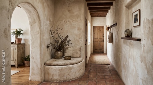 A peaceful Mediterranean entryway features a curved plaster built-in seat and rustic arched hallway passage creating a warm inviting atmosphere with organic textures and timeless earthy home decor