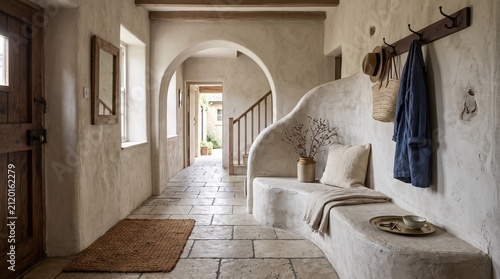 Charming rustic entryway hallway interior featuring warm neutral stone plaster walls with a sculpted built-in bench seating area arched walkways and natural stone flooring for a cozy home atmosphere