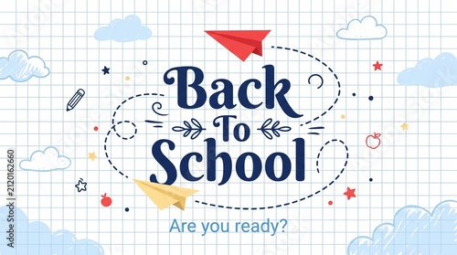 Creative back to school announcement design featuring paper airplanes and school icons on a grid paper background for educational marketing
