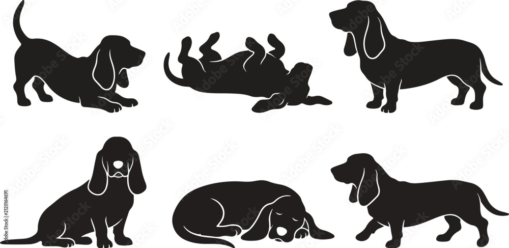 Fototapeta premium A diverse collection of basset hound silhouettes in various playful poses, forming a dog silhouette set and basset