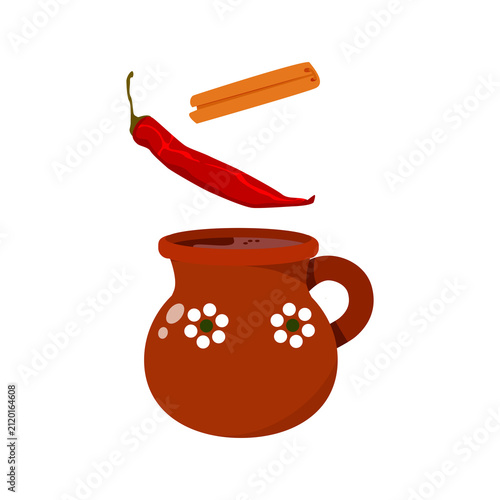 Spicy Mexican Hot Chocolate Drink with Cinnamon and Chili, Traditional Cinco de Mayo Beverage Illustration