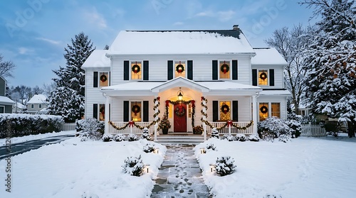Beautiful twostory colonial house decorated for christmas with snowcovered yard and pathway in winter