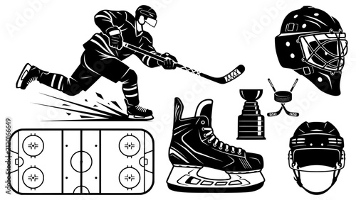 Ice hockey equipment vector set with skater silhouette, goalie mask, puck, skate, trophy cup, and rink diagram isolated on white background