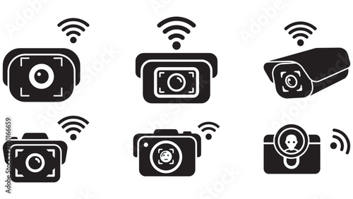 Wireless smart home security camera icons with wifi signal symbols, surveillance devices, motion detection, and connected monitoring system concept