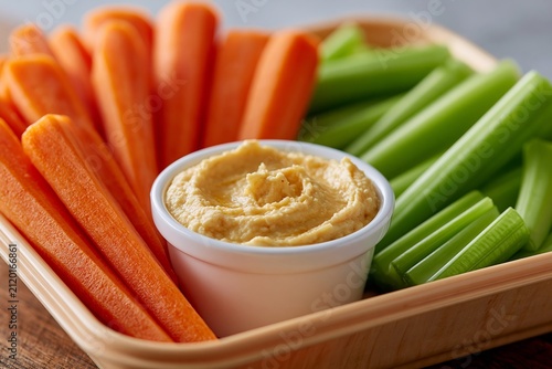 Close up of a small container of hummus surrounded by fresh carrot sticks and celery in a wooden serving tray on a rustic wooden surface