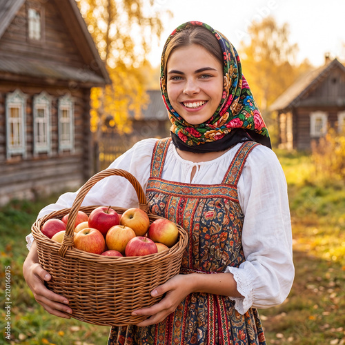 Portrait of a young beautiful woman in Russian folk clothing