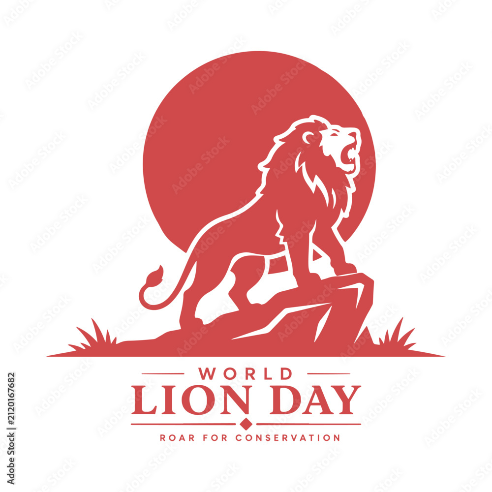 Fototapeta premium World Lion Day Flat Vector Poster with Roaring Lion and African Savanna Landscape