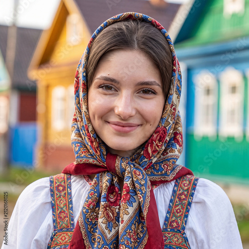 Close up portrait of a beautiful young woman wearing a headscarf and a sarafan