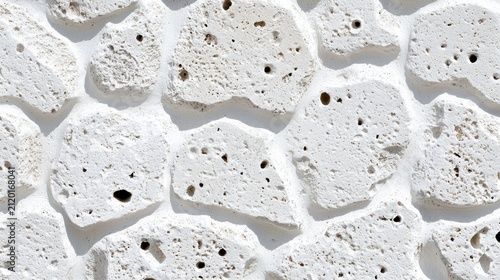 White porous stone wall with irregularly shaped pieces fitted together, creating a textured and natural pattern.