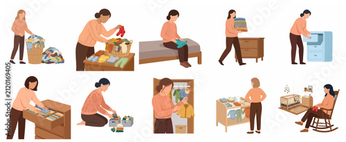 Mother organizing and preparing baby clothes and nursery set. Vector illustration of woman folding laundry, sorting tiny outfits, and arranging nursery room for a newborn baby.